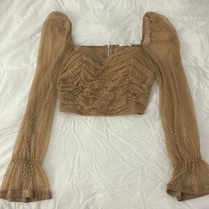 Soft, polkadotted, lace sleeves corset look top with zipper in the back